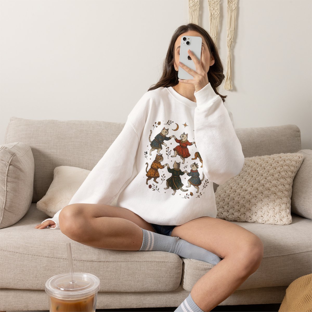 Unisex Cozy Dancing Cats Graphic Sweatshirt for Cat Lovers Detail
