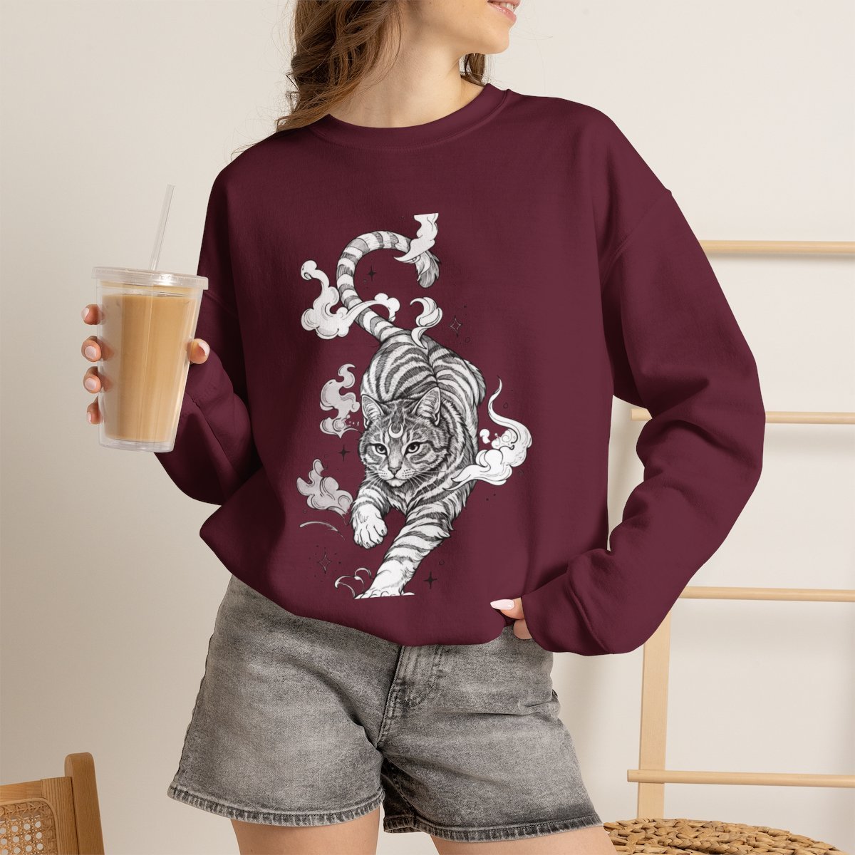 Celestial Mystic Cat Unisex Sweatshirt | Witchy Feline Line Art Maroon