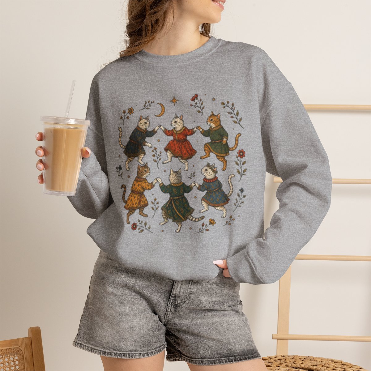 Unisex Cozy Dancing Cats Graphic Sweatshirt for Cat Lovers Sport Grey