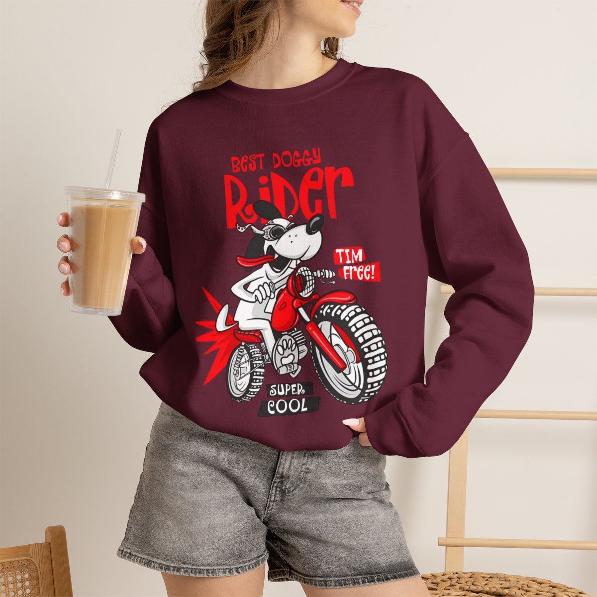 Cool Biker Dog Unisex Sweatshirt | Retro Graphic Dog Lover Gift Maroon