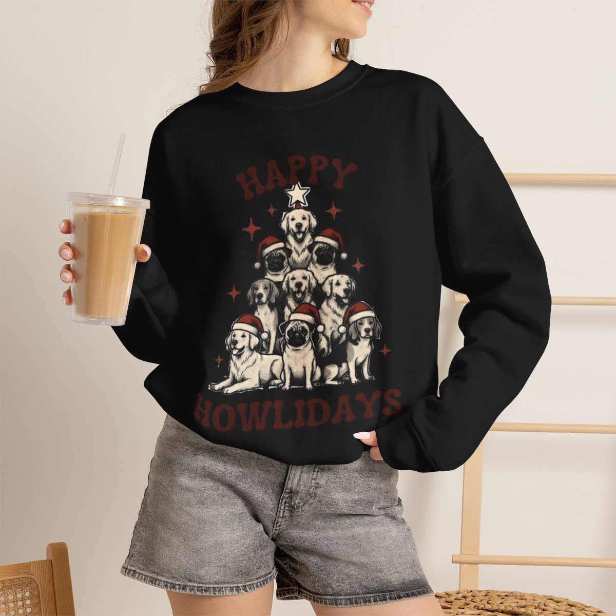 Cute Dog Lover Christmas Tree Unisex Sweatshirt | Happy Howlidays Holiday Gift Black