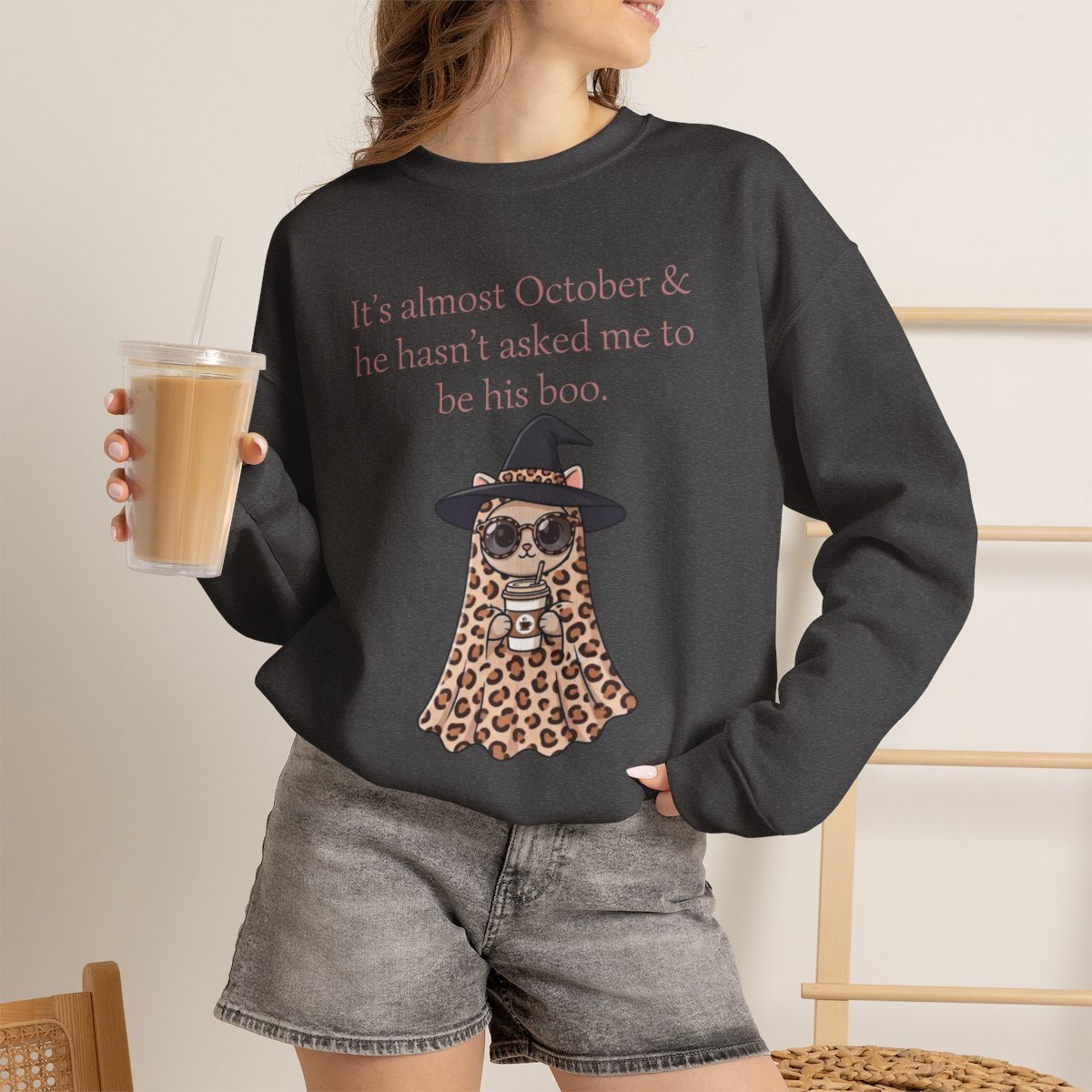 Cute Leopard Ghost Cat Halloween Unisex Sweatshirt | Funny October Fall Crewneck Dark Heather