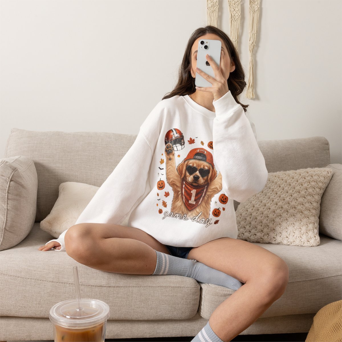 Cute Golden Retriever Football Halloween Sweatshirt for Dog Lovers Detail