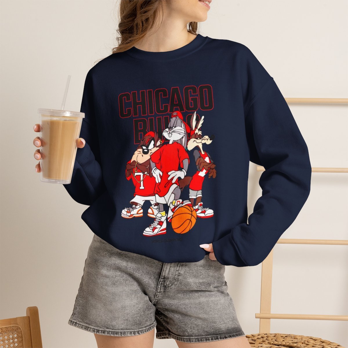 Retro Chicago Basketball Cartoon Unisex Sweatshirt | Vintage 90s Streetwear Pullover Navy