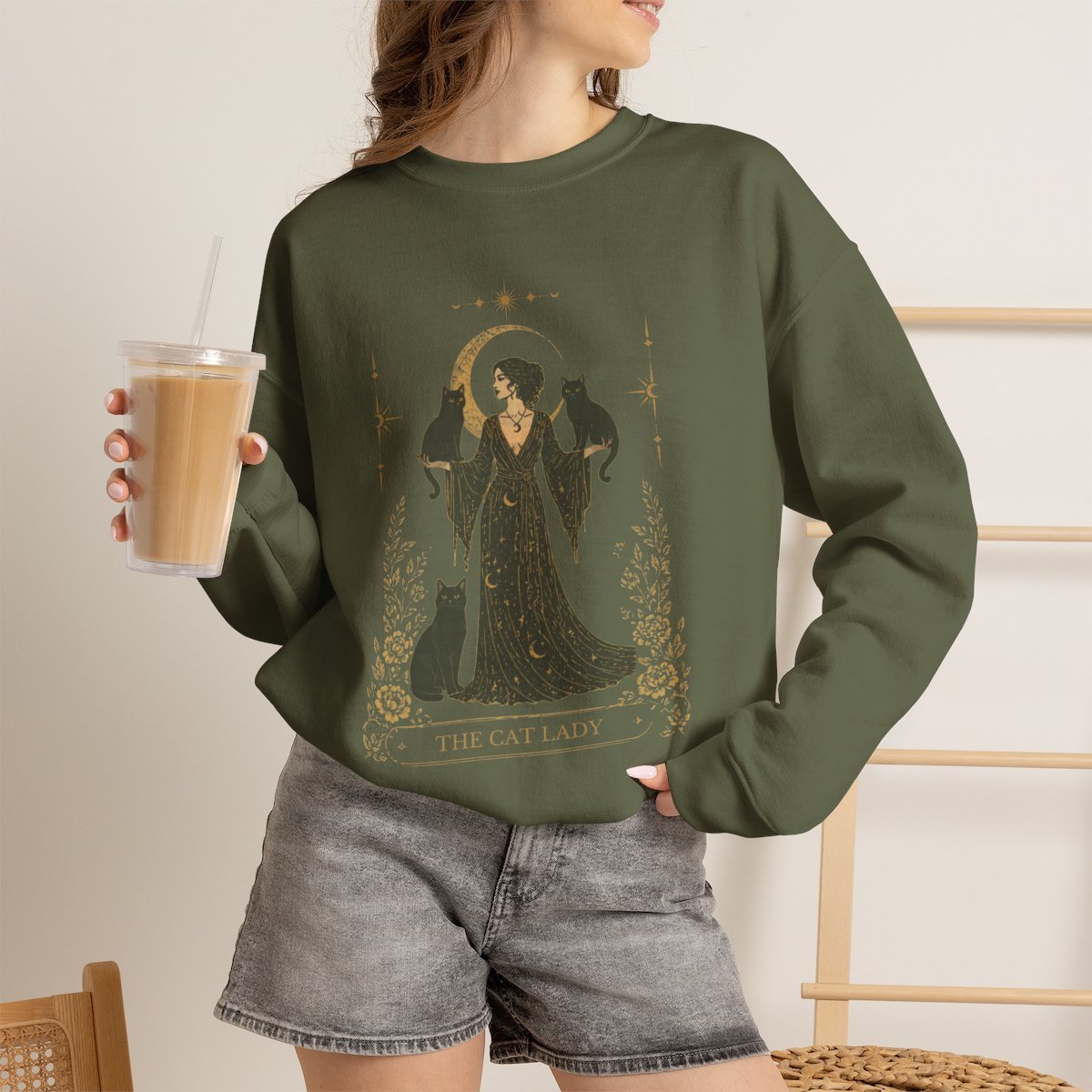 Celestial Cat Lady Tarot Card Unisex Sweatshirt | Cozy Black Cat Mom Gift Military Green