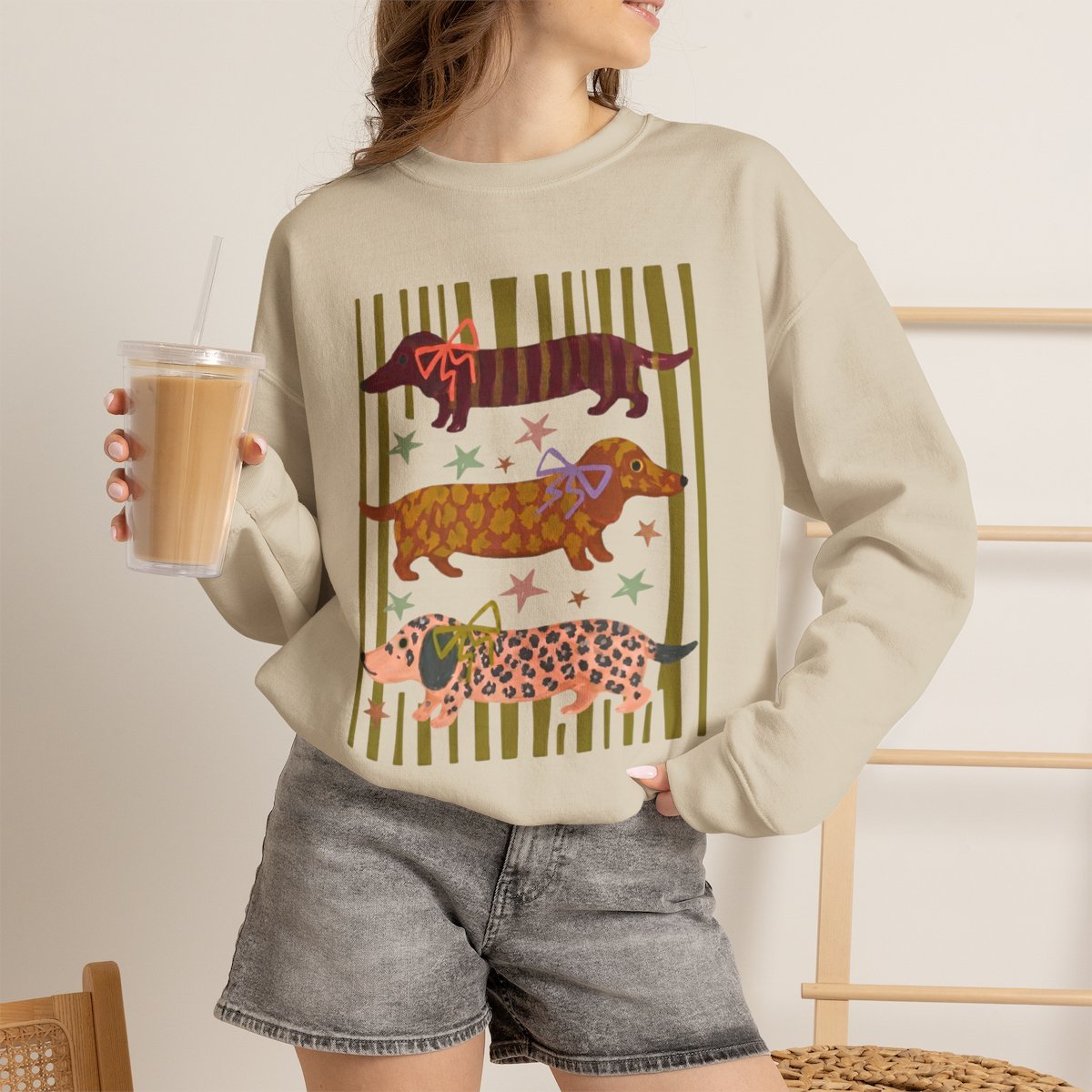 Unisex Cute Dachshund Sweatshirt | Cozy Wiener Dog Gift for Dog Moms Sand