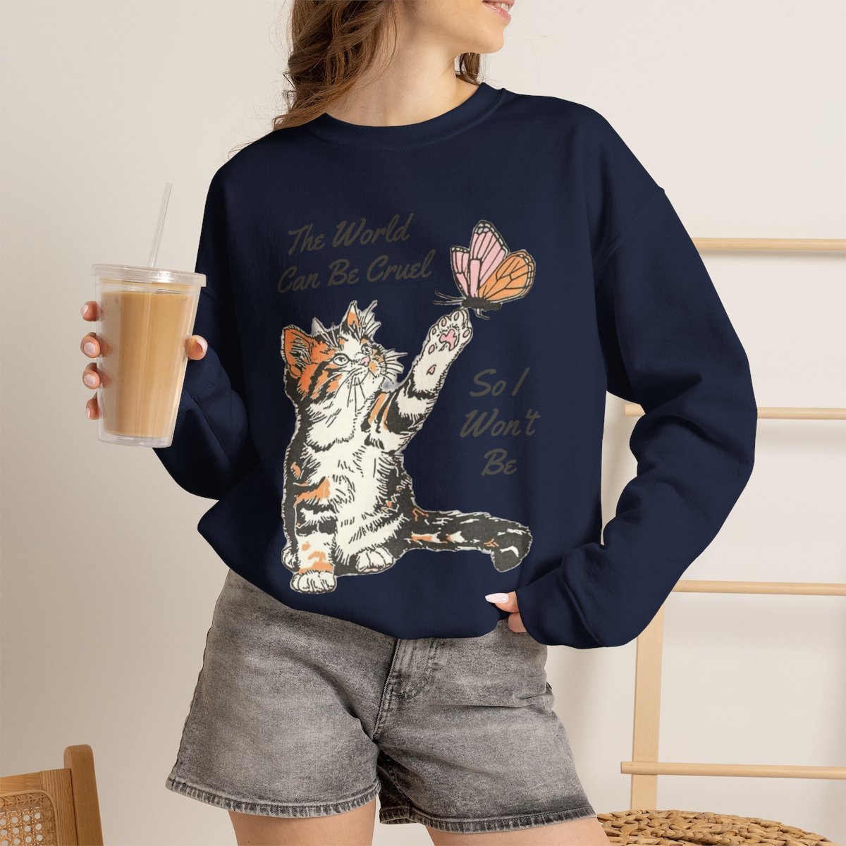 Cute Kitten and Butterfly Wholesome Kindness Quote Unisex Crewneck Sweatshirt Navy
