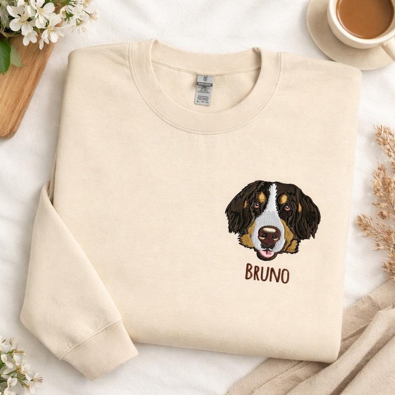 Unisex Custom Pet Portrait Embroidered Hoodie, Personalized Dog or Cat Photo Swearshirt, Pet Lover Gift, Dog Mom Mothers Day Gift, Cat Dad Pullover Sport Grey