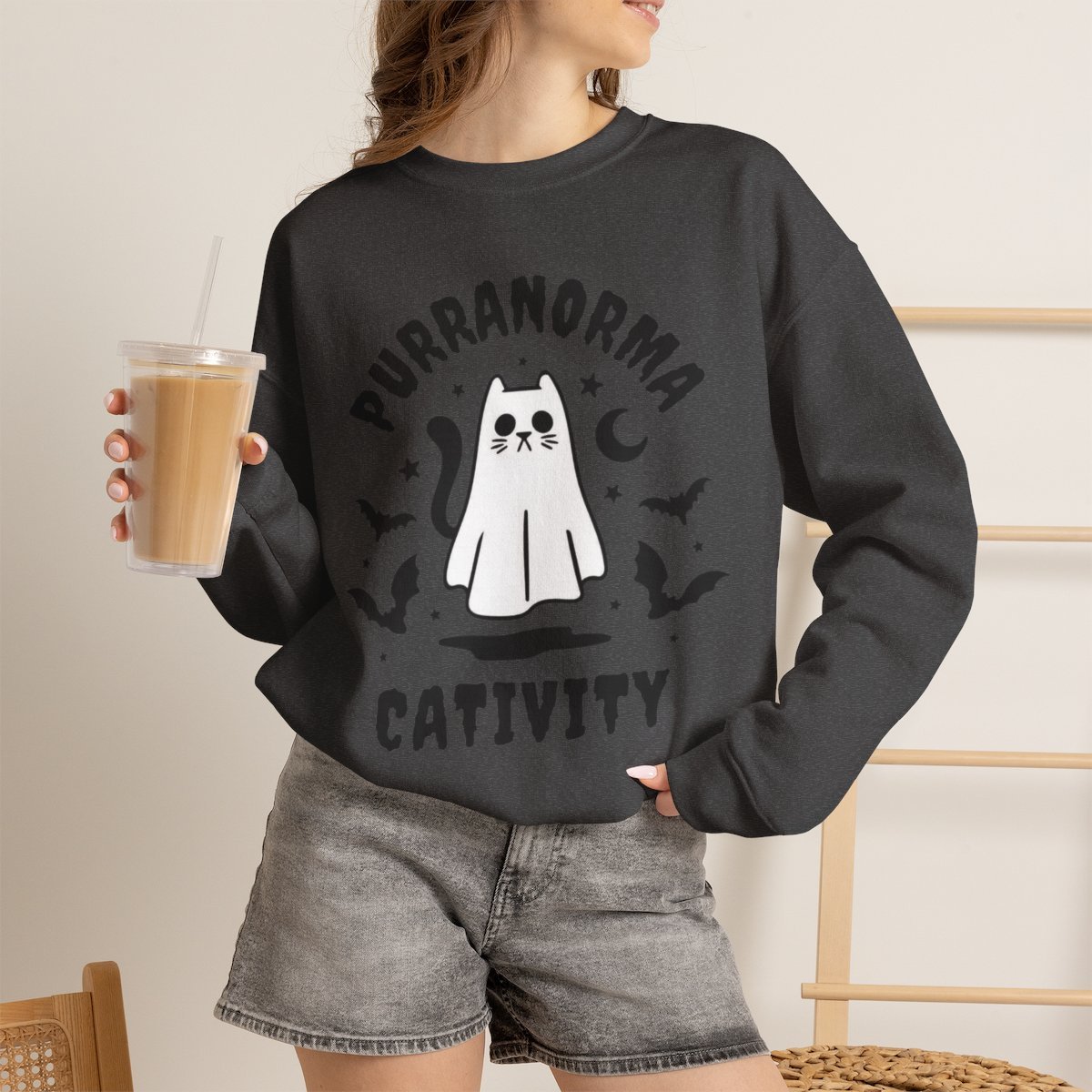 Unisex Purranormal Cativity Ghost Cat Halloween Sweatshirt Dark Heather