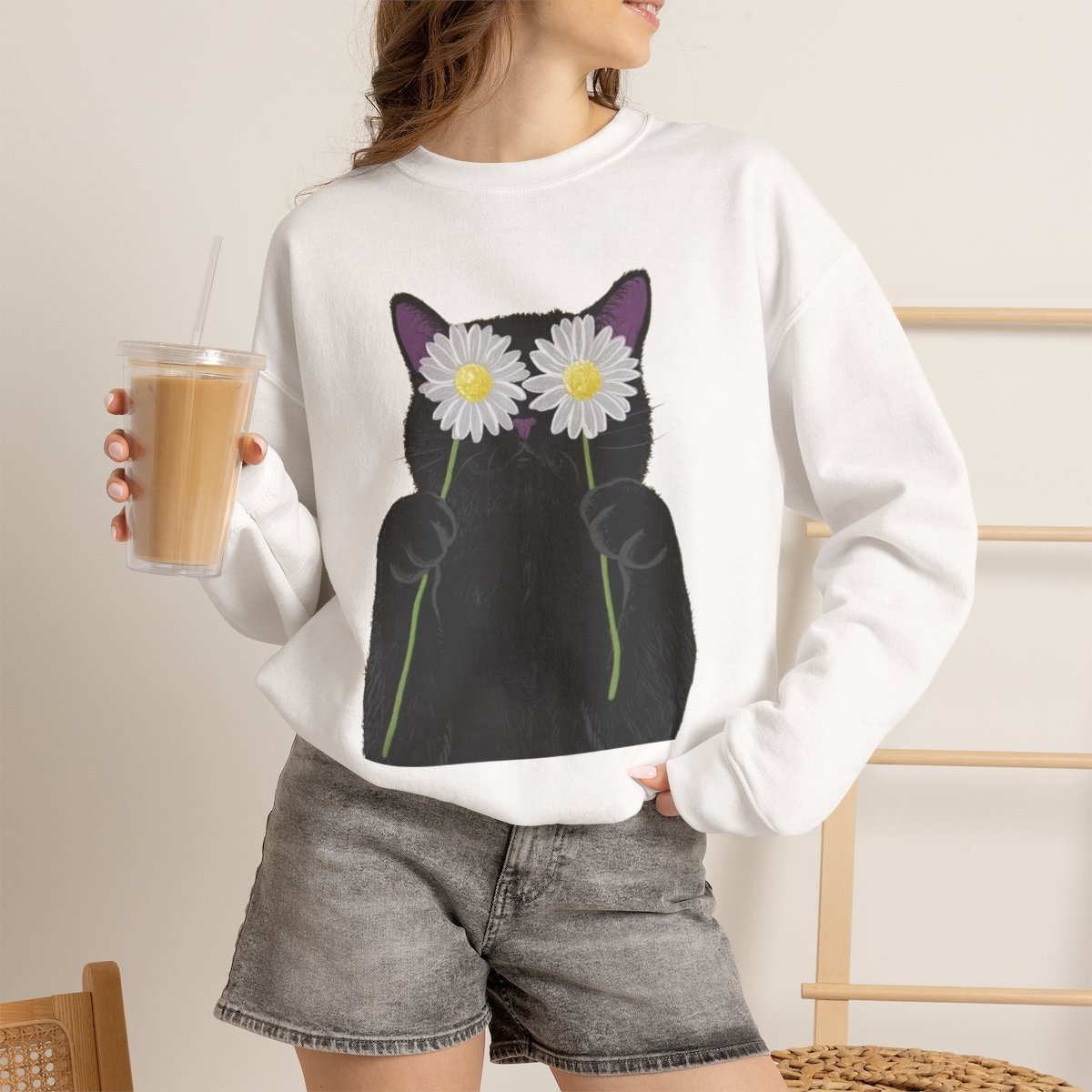 gqo437.jpg Daisy Black Cat Unisex Sweatshirt - Cute Floral Pet Lover Gift White