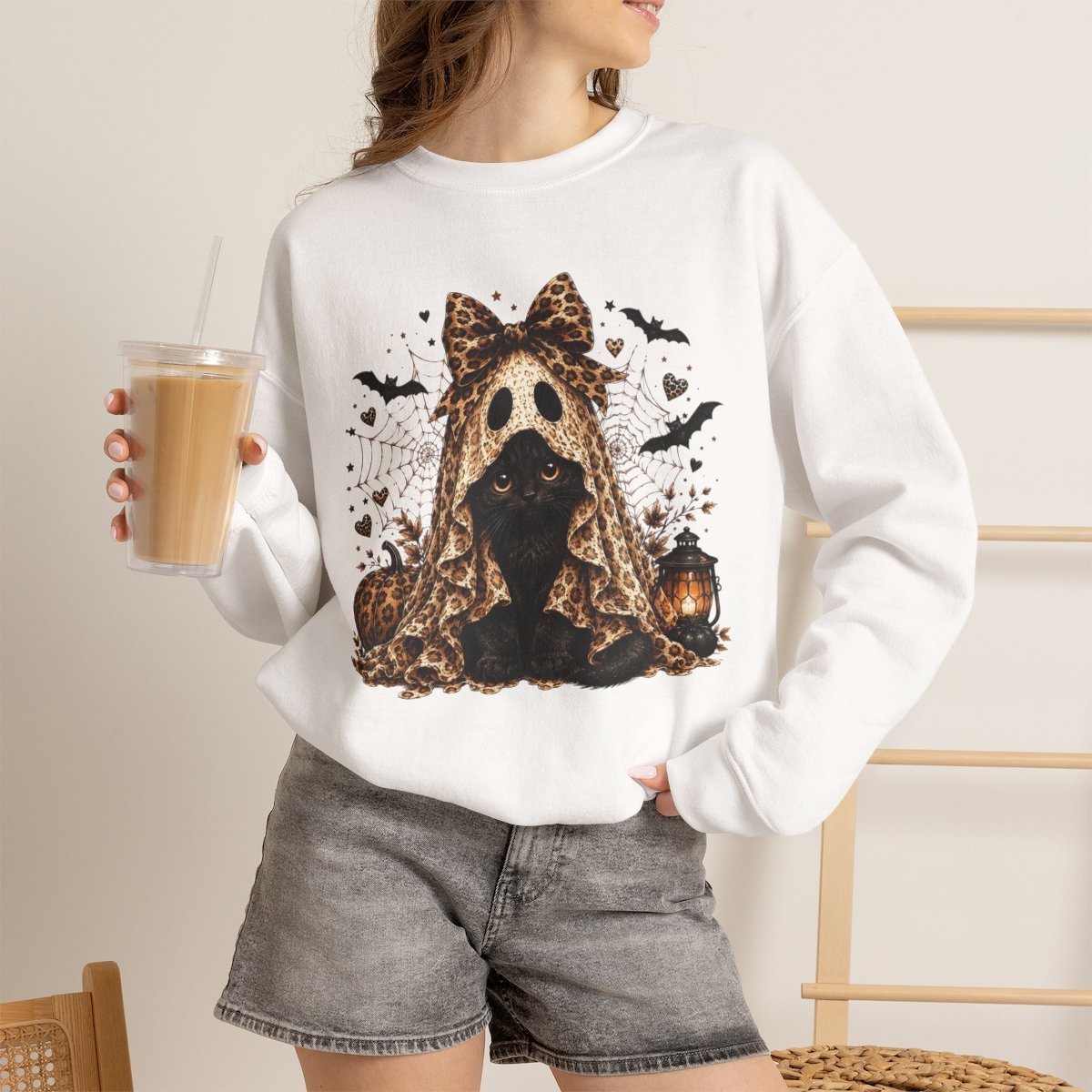 Cute Halloween Leopard Ghost Black Cat Unisex Sweatshirt | Spooky Season Outfit White