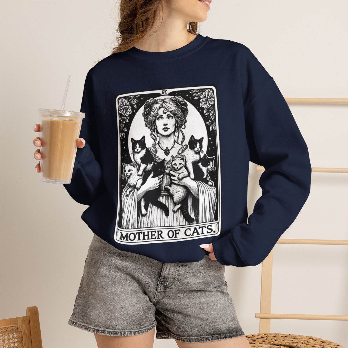 Unisex Mother of Cats Vintage Tarot Style Graphic Sweatshirt for Cat Lovers Navy