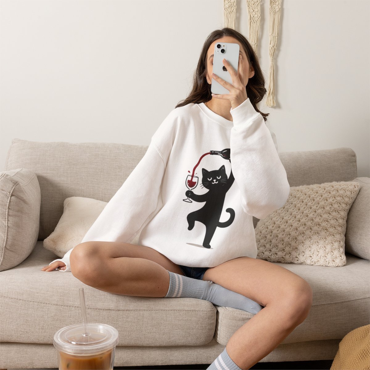 Cute Black Cat Pouring Wine Unisex Sweatshirt - Funny Wine Lover Gift Idea Detail