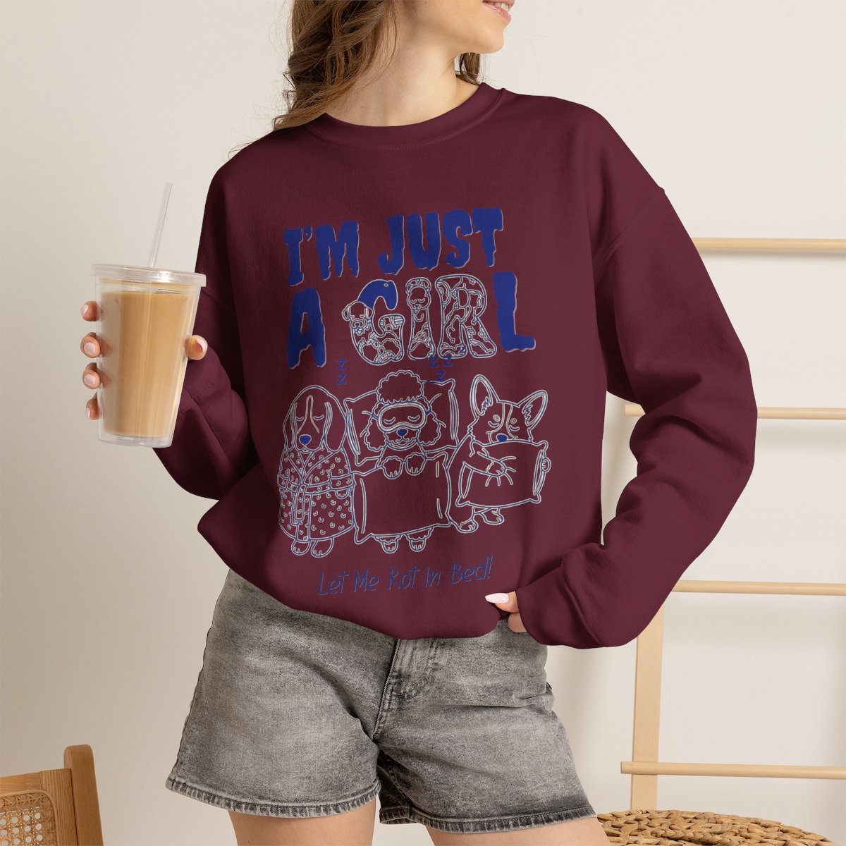 Unisex Funny Dog Lover Sweatshirt - Cute Cozy Sleeping Puppy Lounge Crewneck Maroon