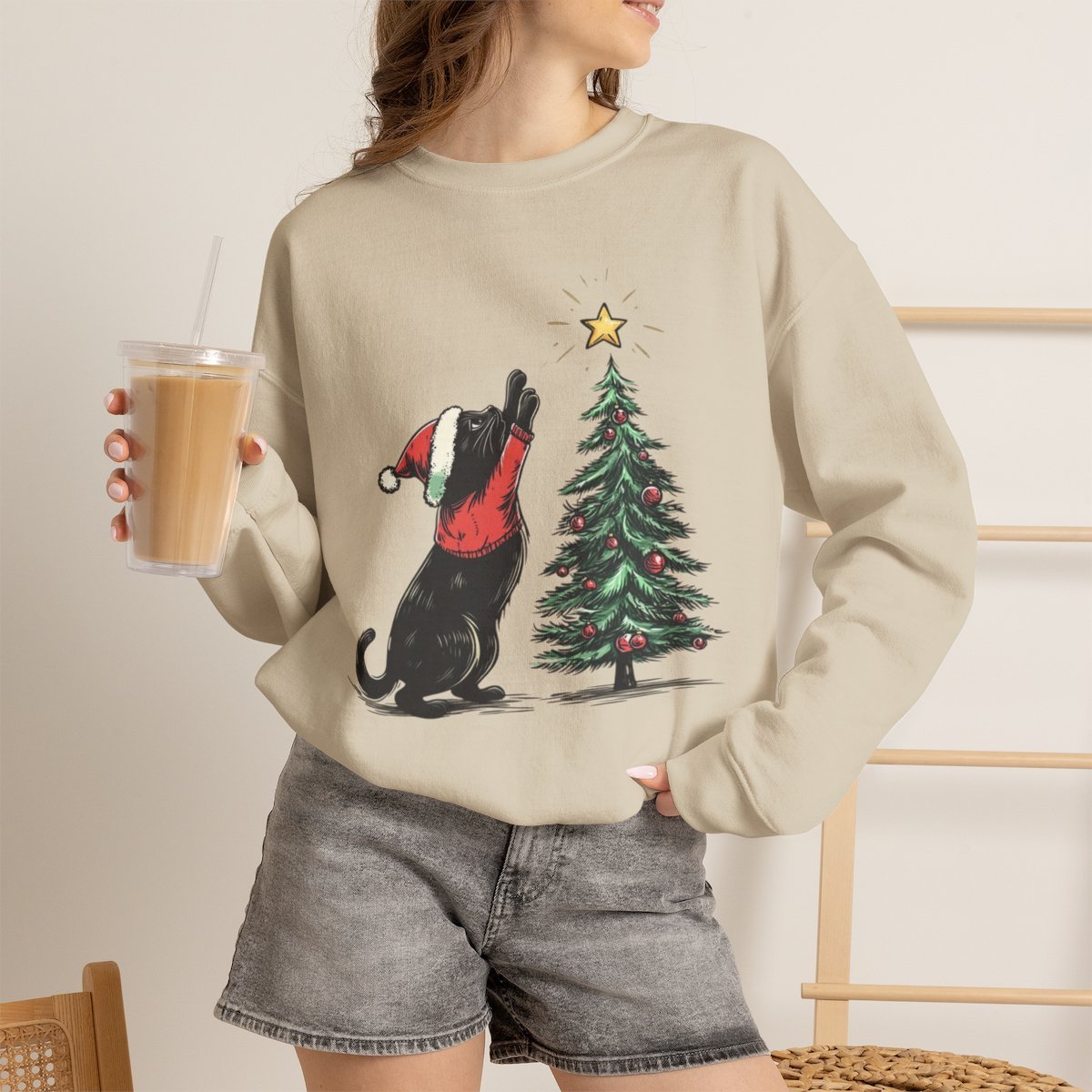 Unisex Cute Black Cat Christmas Sweatshirt | Cozy Holiday Gift for Cat Lovers Sand