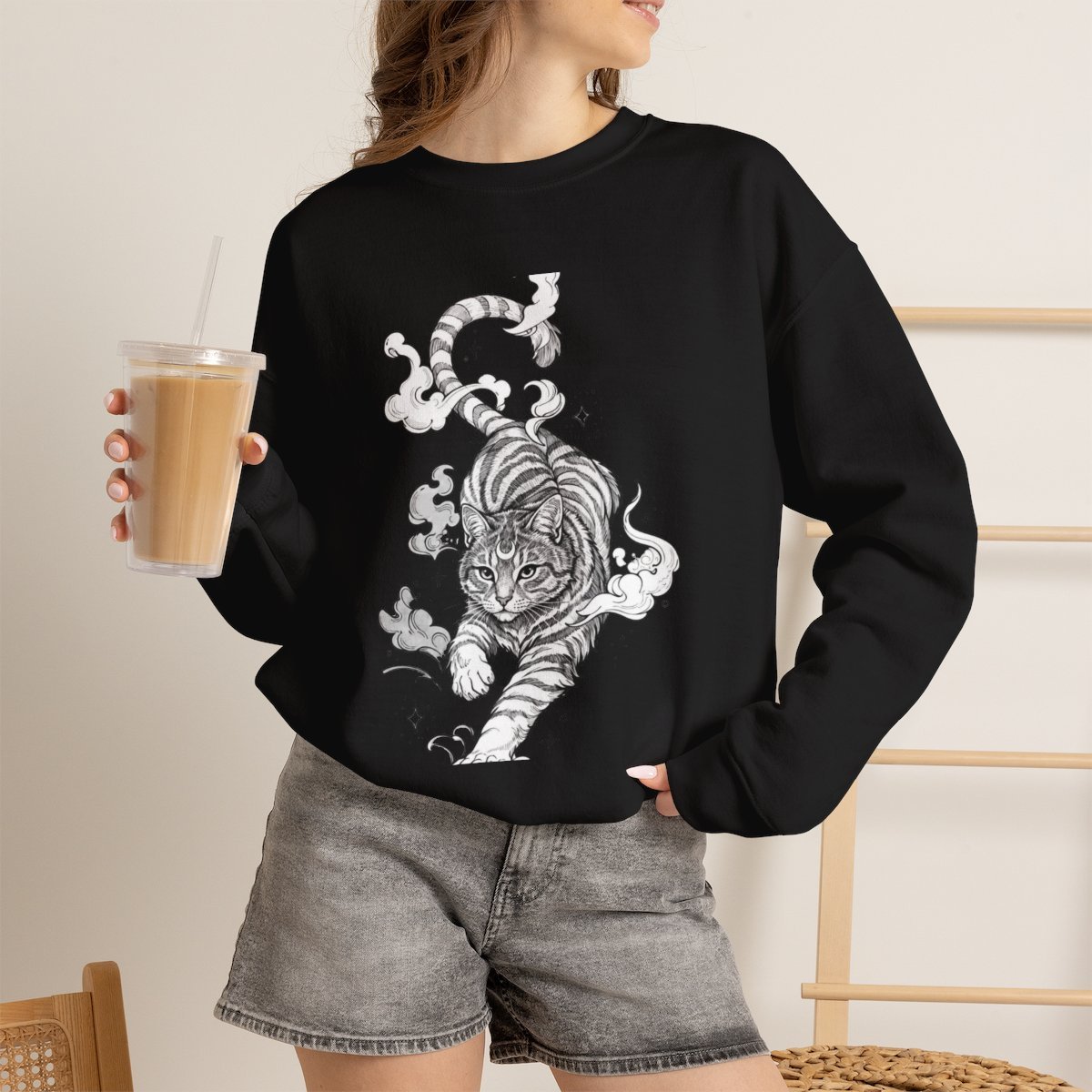 Celestial Mystic Cat Unisex Sweatshirt | Witchy Feline Line Art Black