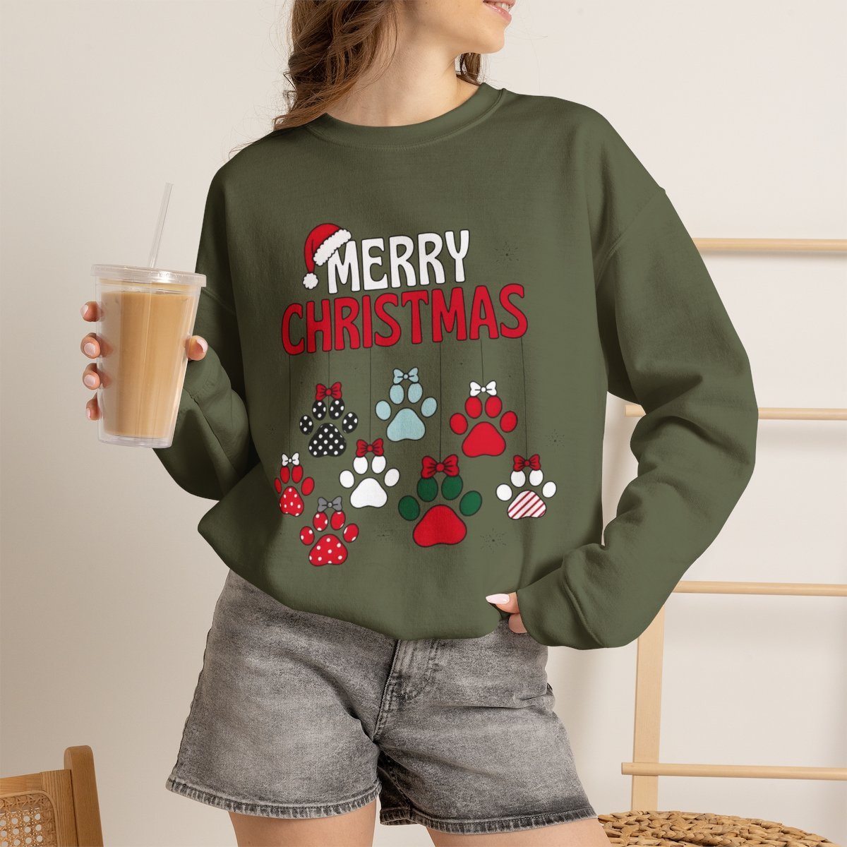 Unisex Cozy Merry Christmas Paw Print Sweatshirt for Dog Lovers Military Green