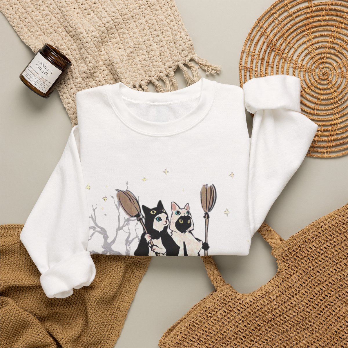 Unisex Cute Witch Cat Halloween Sweatshirt | Spooky Pet Lover Gift Detail