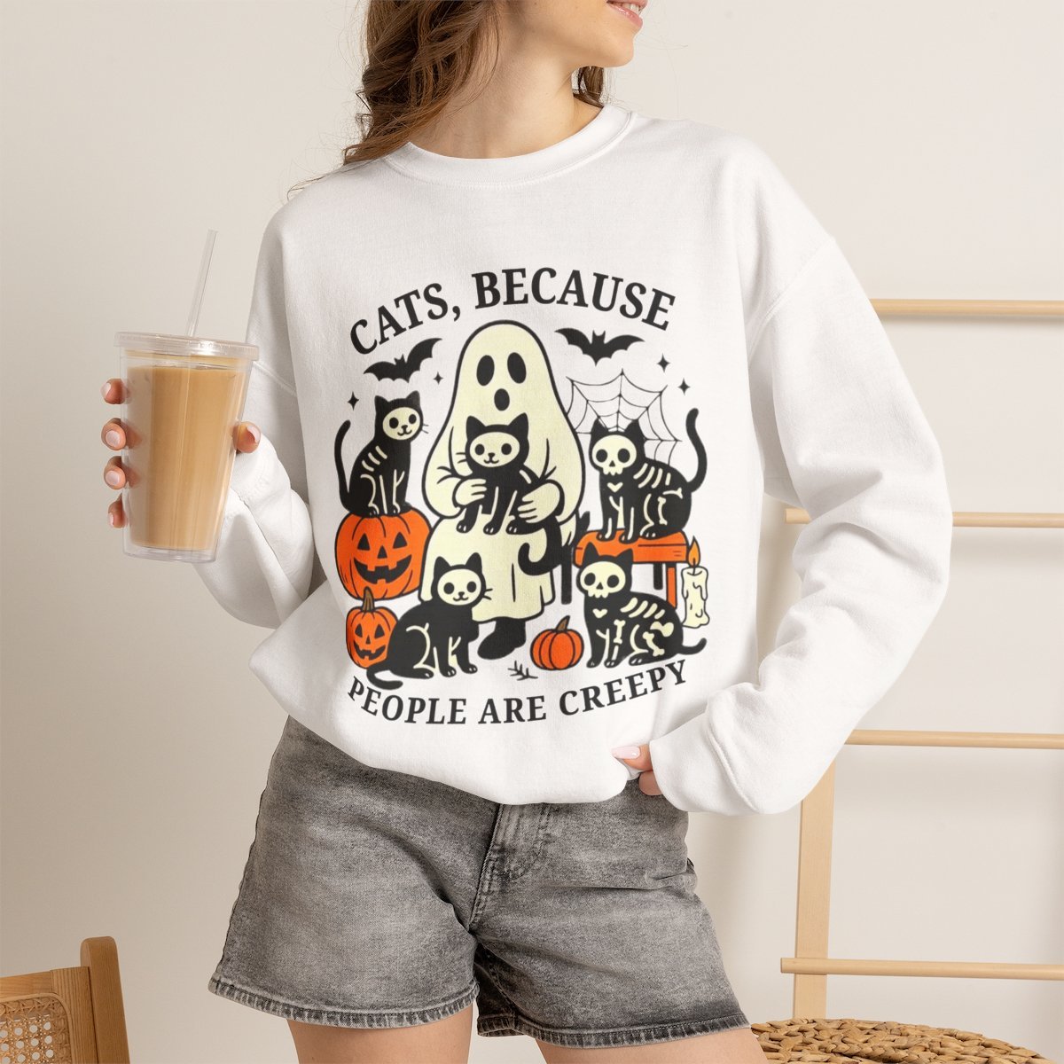 hju7fe.jpg Unisex Cute Halloween Ghost Cat Sweatshirt - Spooky Season Gift for Cat Lovers White