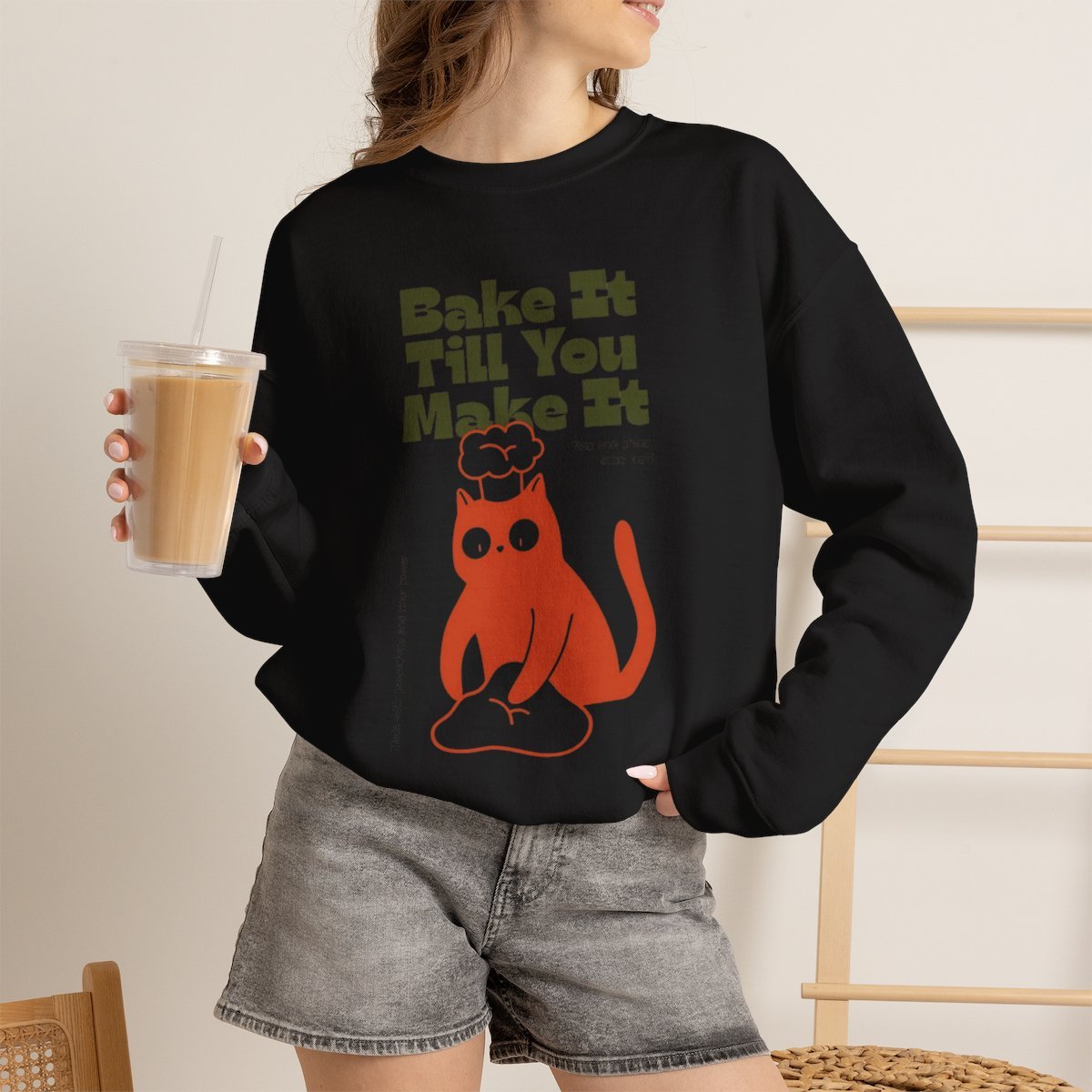 Unisex Bake It Till You Make It Cat Sweatshirt | Cute Baker Crewneck Gift Black