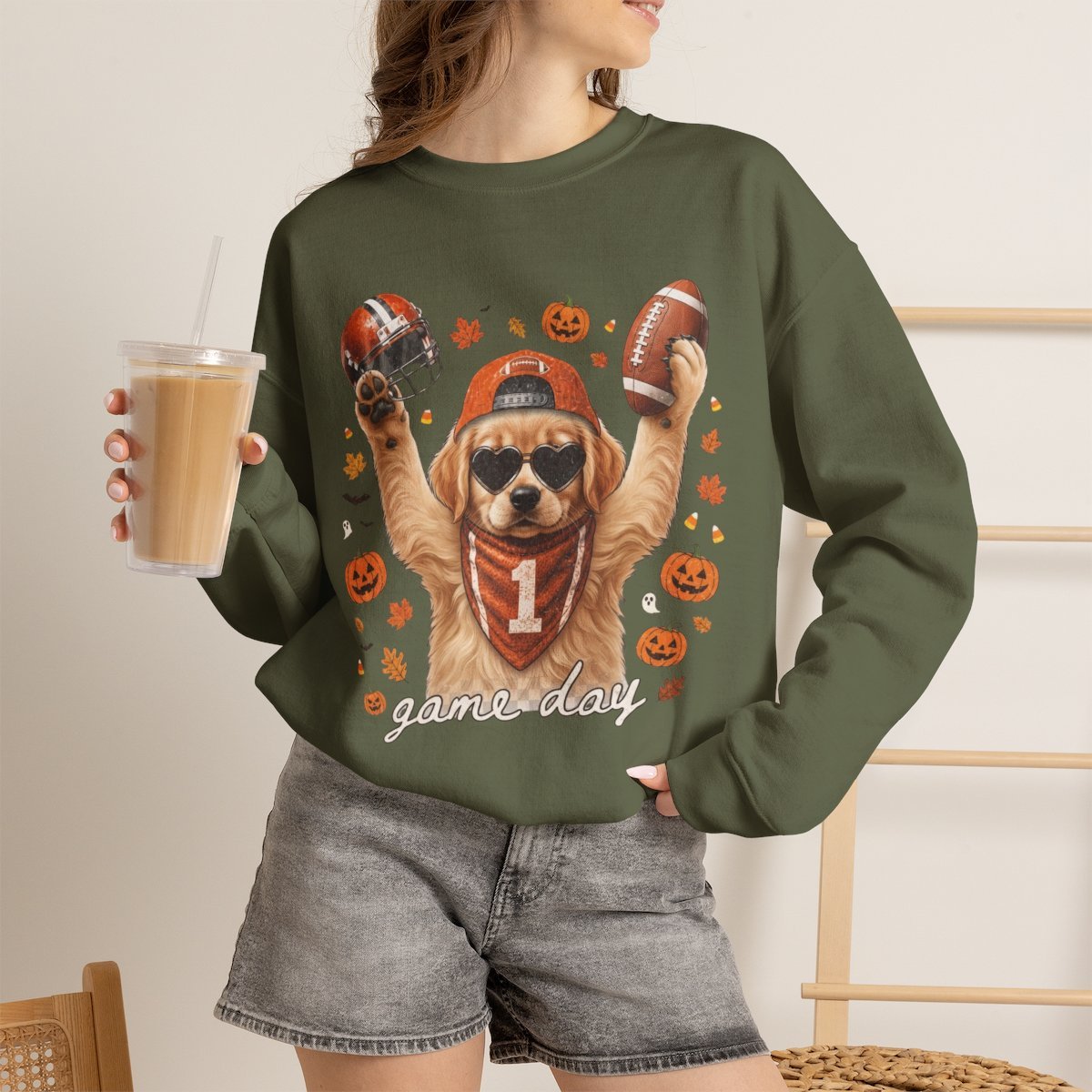 Cute Golden Retriever Football Halloween Sweatshirt for Dog Lovers Military Green