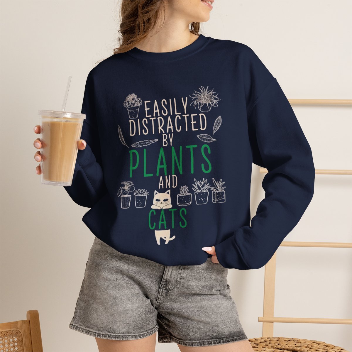 hsr2n2.jpg Easily Distracted by Plants and Cats Unisex Sweatshirt | Cute Gift for Plant Moms Navy