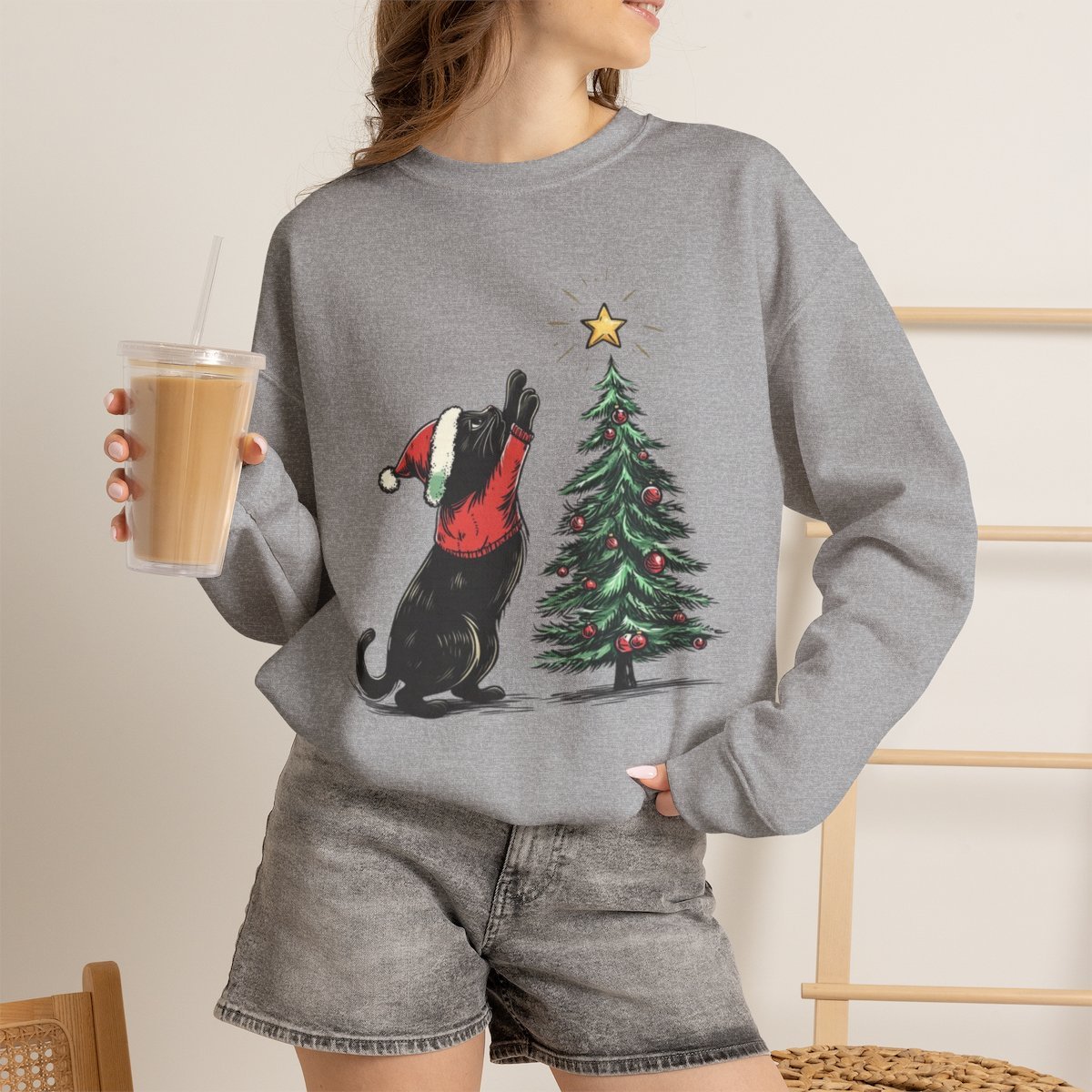 Unisex Cute Black Cat Christmas Sweatshirt | Cozy Holiday Gift for Cat Lovers Sport Grey