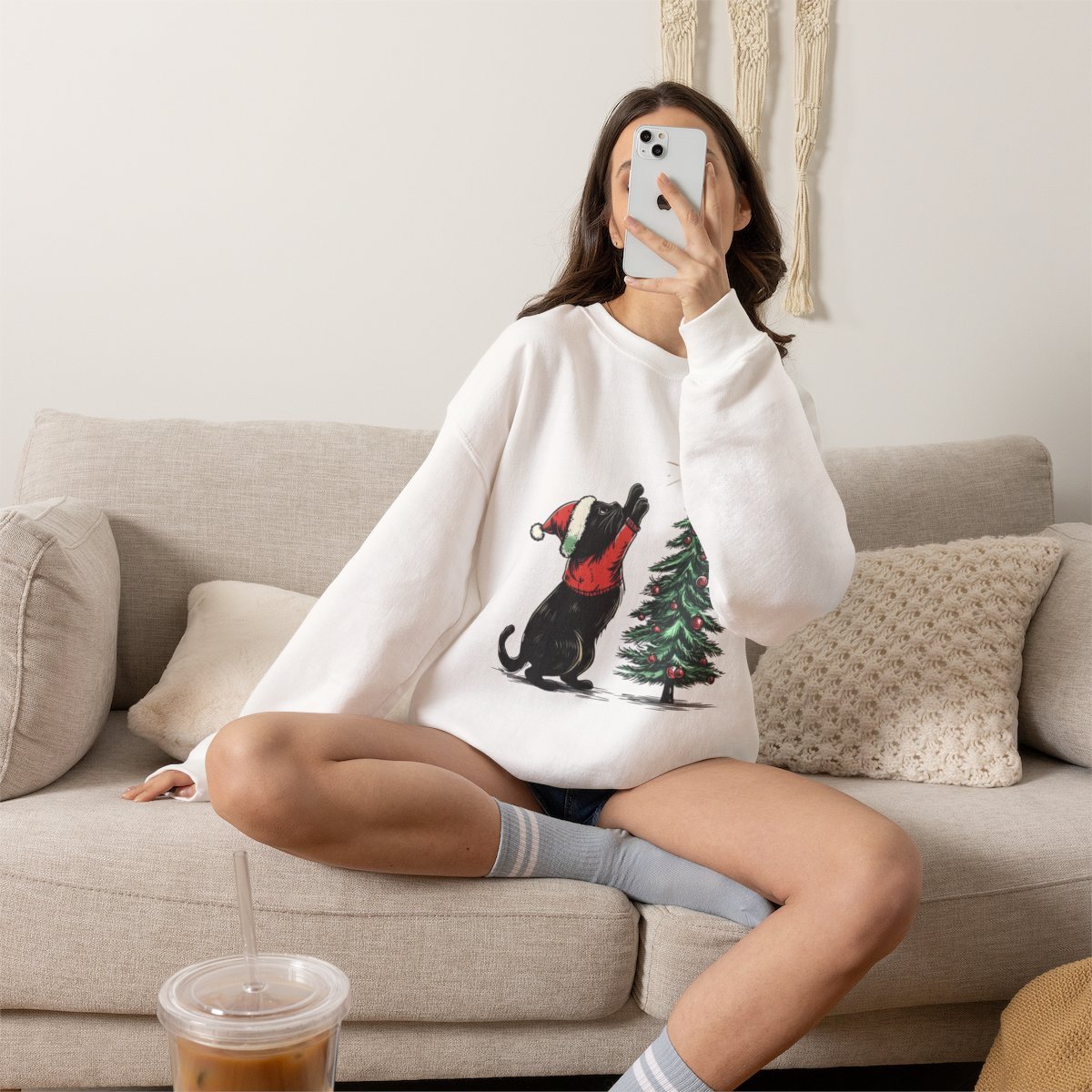 Unisex Cute Black Cat Christmas Sweatshirt | Cozy Holiday Gift for Cat Lovers Detail