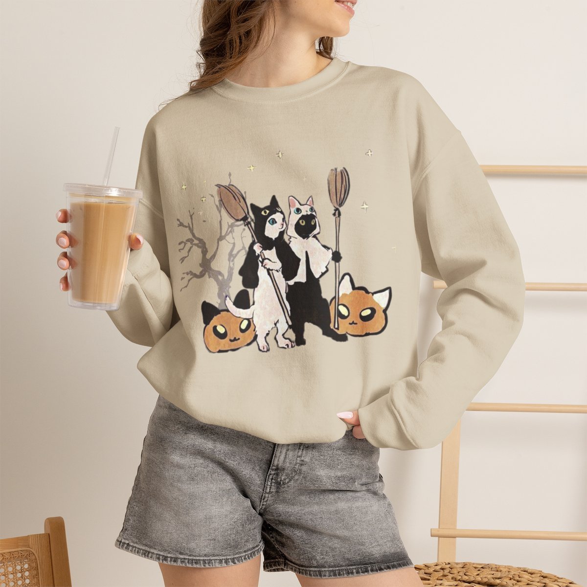 Unisex Cute Witch Cat Halloween Sweatshirt | Spooky Pet Lover Gift Sand
