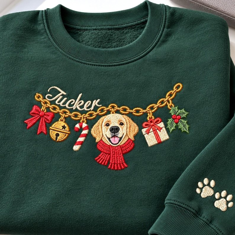 Unisex Custom Pet Christmas Sweatshirt, Embroidered Dog or Cat Portrait Charm Necklace Shirt, Personalized Pet Name Shirt, Holiday Pet Lover Gift Sport Grey