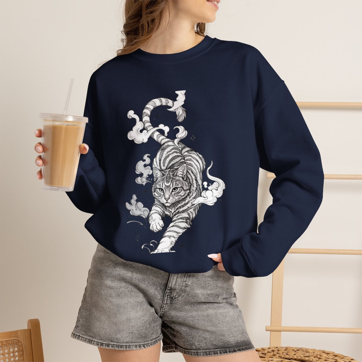 Celestial Mystic Cat Unisex Sweatshirt | Witchy Feline Line Art Navy