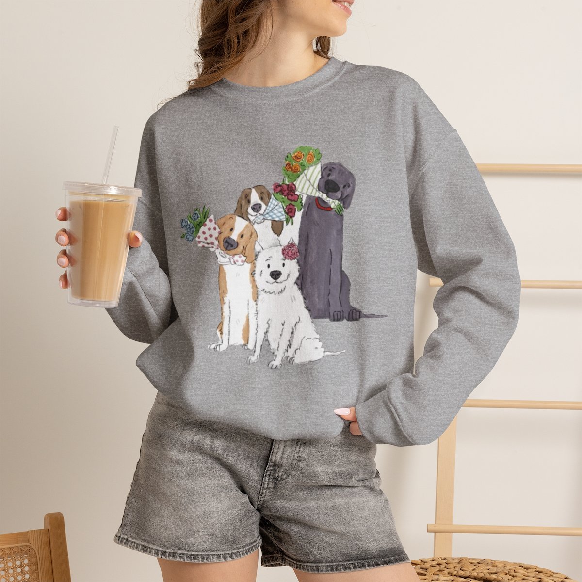Cute Dogs Holding Flowers Unisex Sweatshirt for Pet Lovers Sport Grey