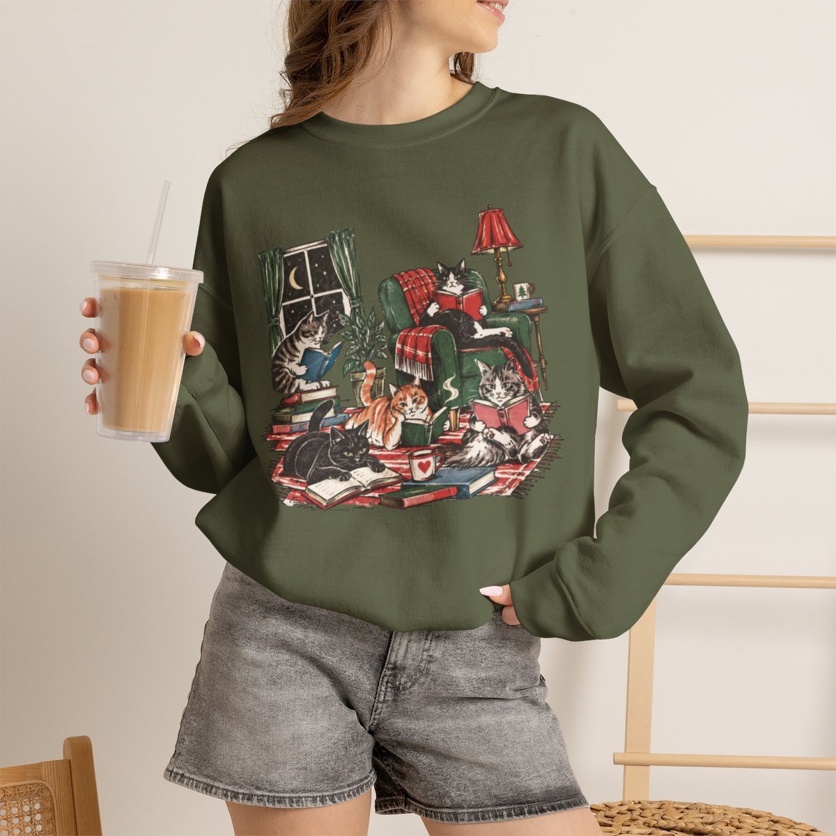 Unisex Cozy Reading Cats Crewneck Sweatshirt for Bookworms and Cat Lovers Military Green