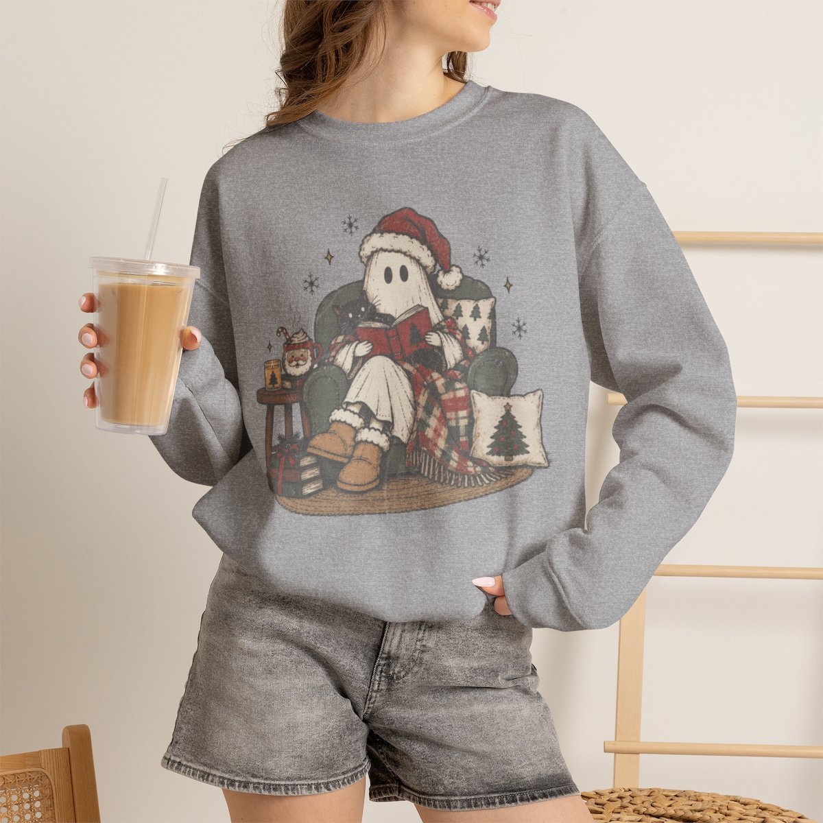 Unisex Cute Ghost Reading Book Christmas Sweatshirt Cozy Holiday Apparel Sport Grey