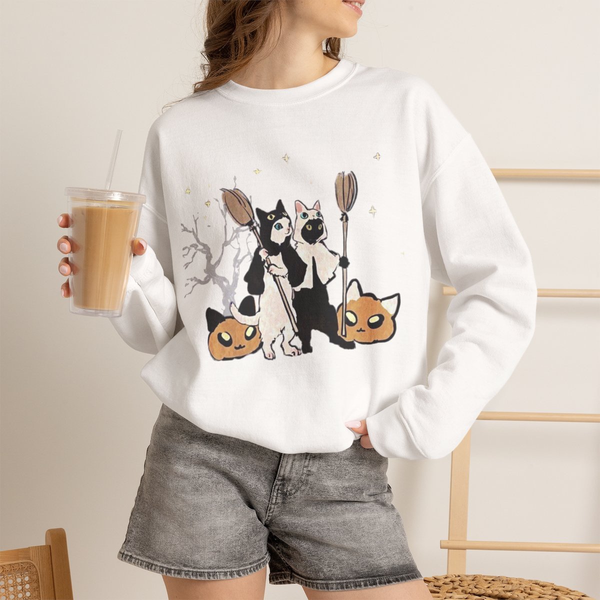 Unisex Cute Witch Cat Halloween Sweatshirt | Spooky Pet Lover Gift White