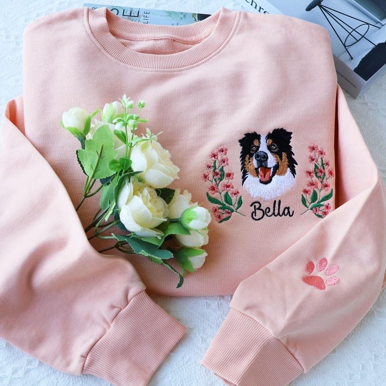 Unisex Pet Christmas Embroidered Sweatshirt Using Photo, Custom Dog Sweater, Embroidered Cat Crewneck gift for Pet Owner, Personal Pet Gifts Dark Heather