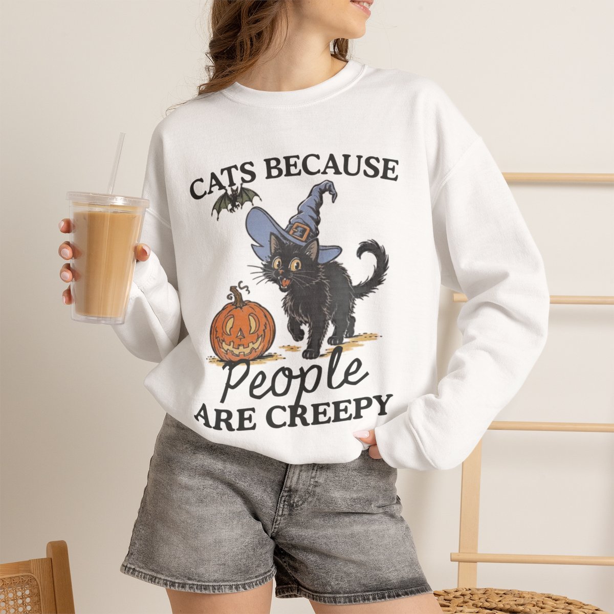 ingang.jpg Unisex Cute Black Cat Witch Halloween Sweatshirt For Cat Lovers White