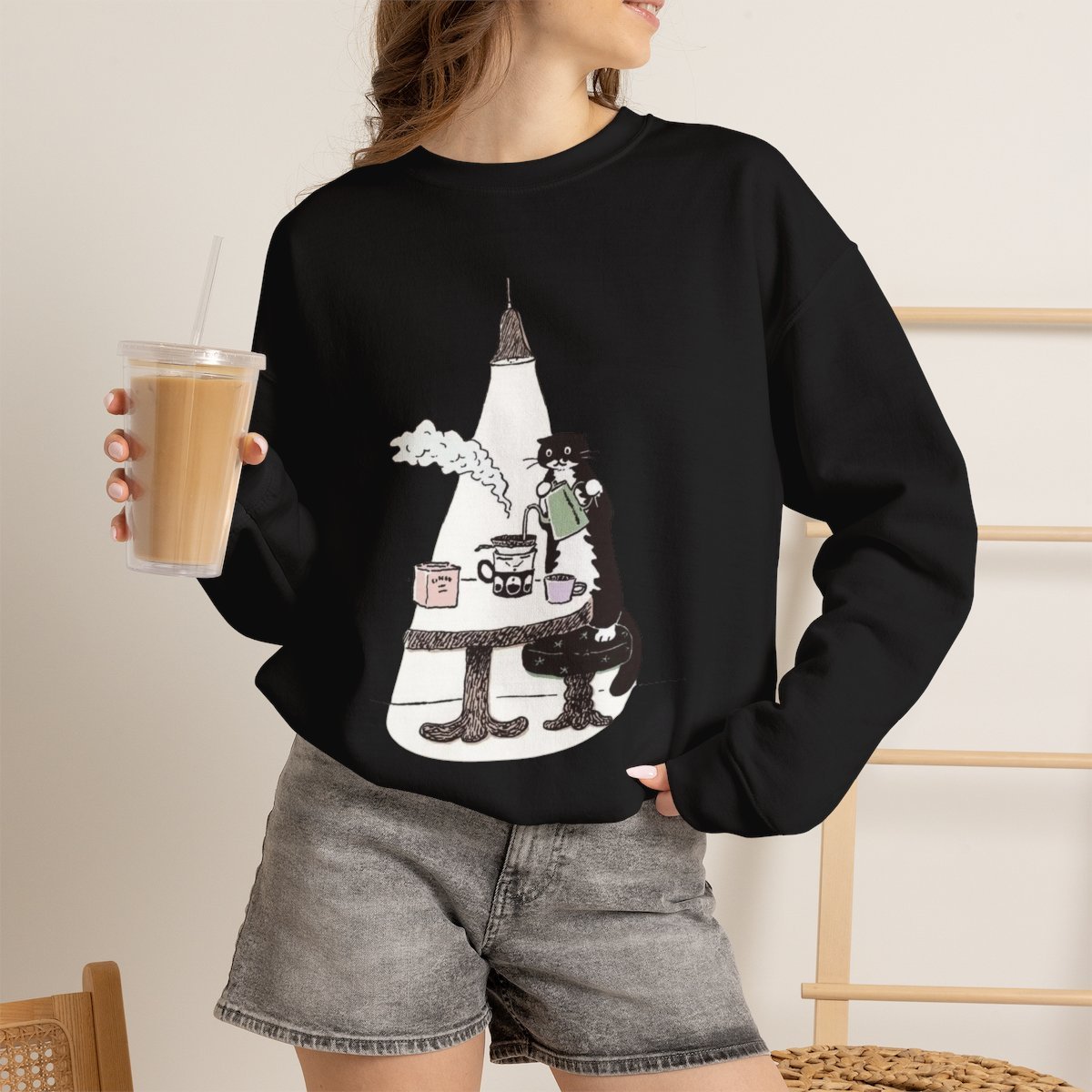 Cozy Barista Cat Coffee Lover Unisex Sweatshirt Cute Graphic Gift Black