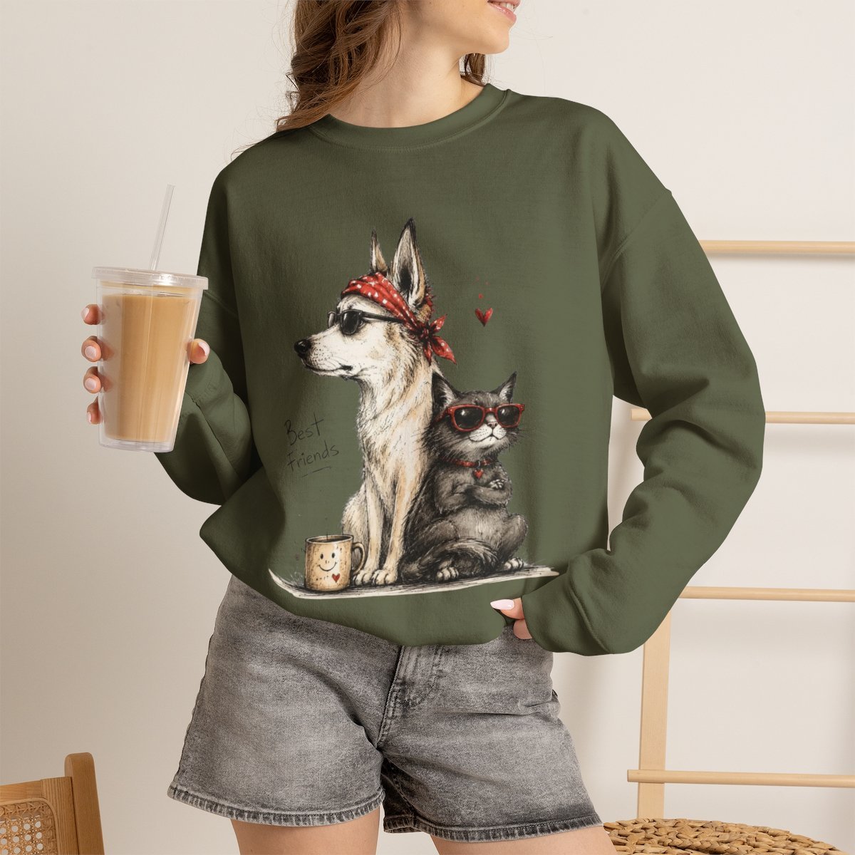 Unisex Cool Dog and Cat Best Friends Graphic Sweatshirt - Cute Pet Lover Gift Military Green