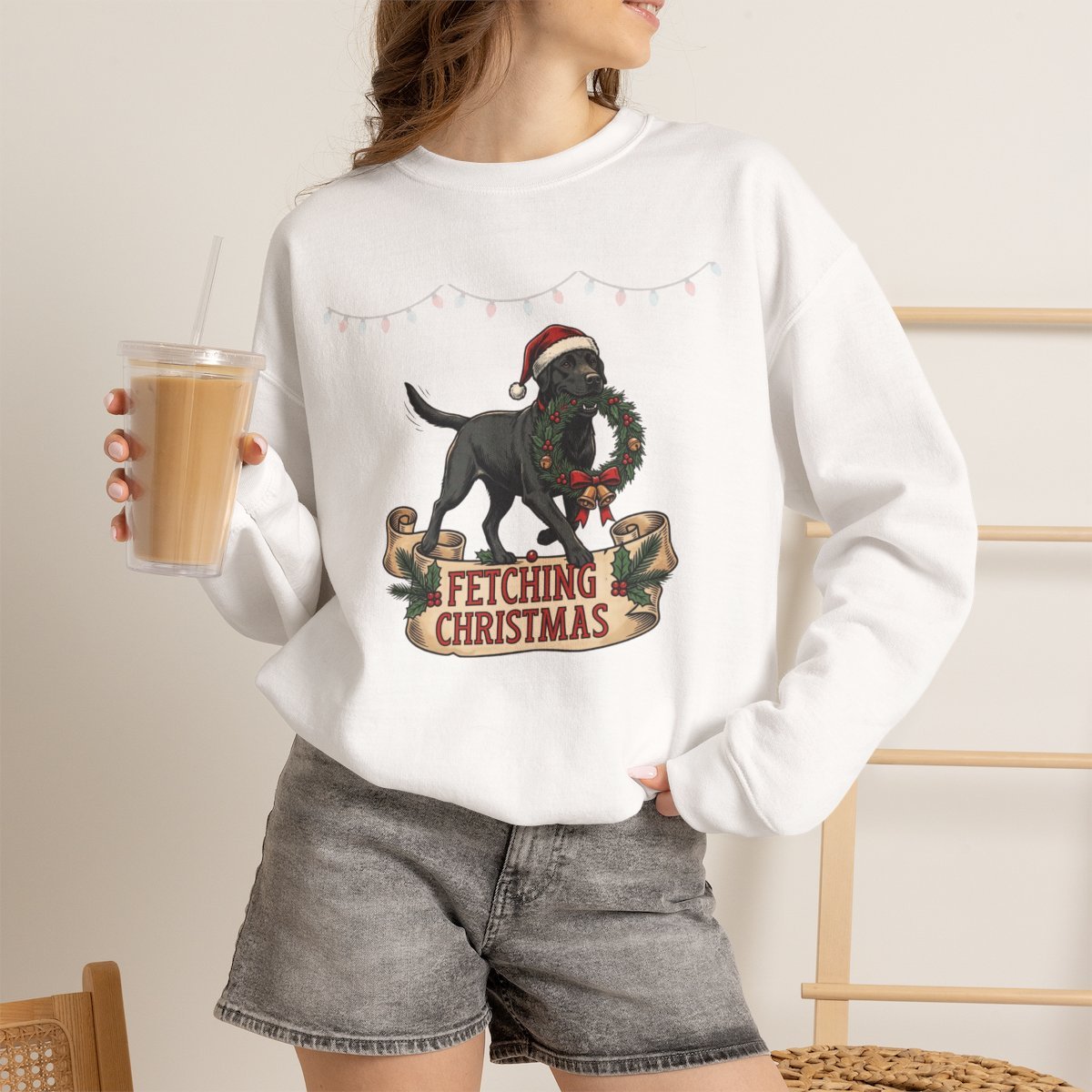 irfh74.jpg Unisex Festive Christmas Black Lab Holiday Sweatshirt for Dog Lovers White