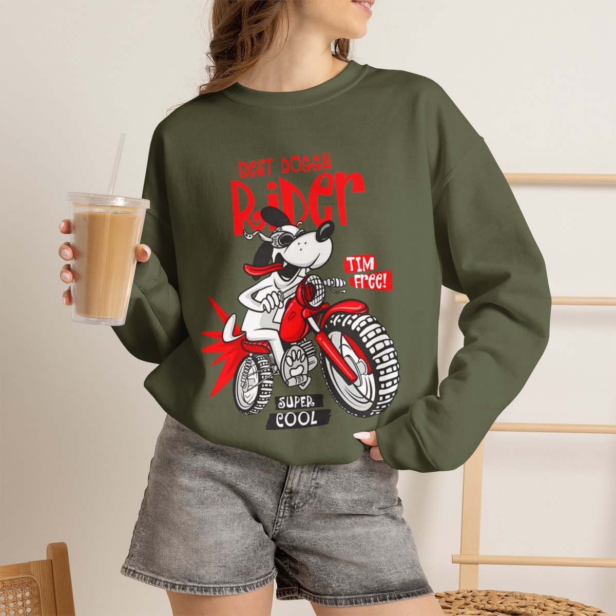 Cool Biker Dog Unisex Sweatshirt | Retro Graphic Dog Lover Gift Military Green