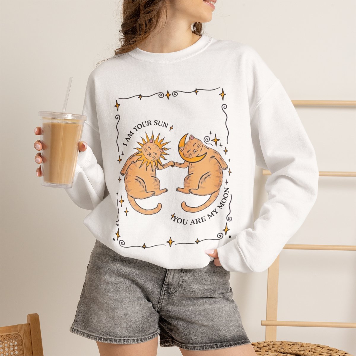 iw300p.jpg Cute Cat Sun and Moon Unisex Cozy Sweatshirt for Cat Lovers White