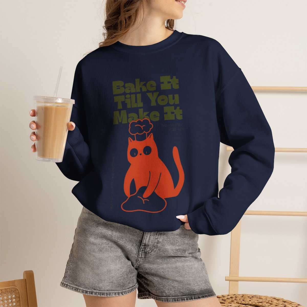 Unisex Bake It Till You Make It Cat Sweatshirt | Cute Baker Crewneck Gift Navy