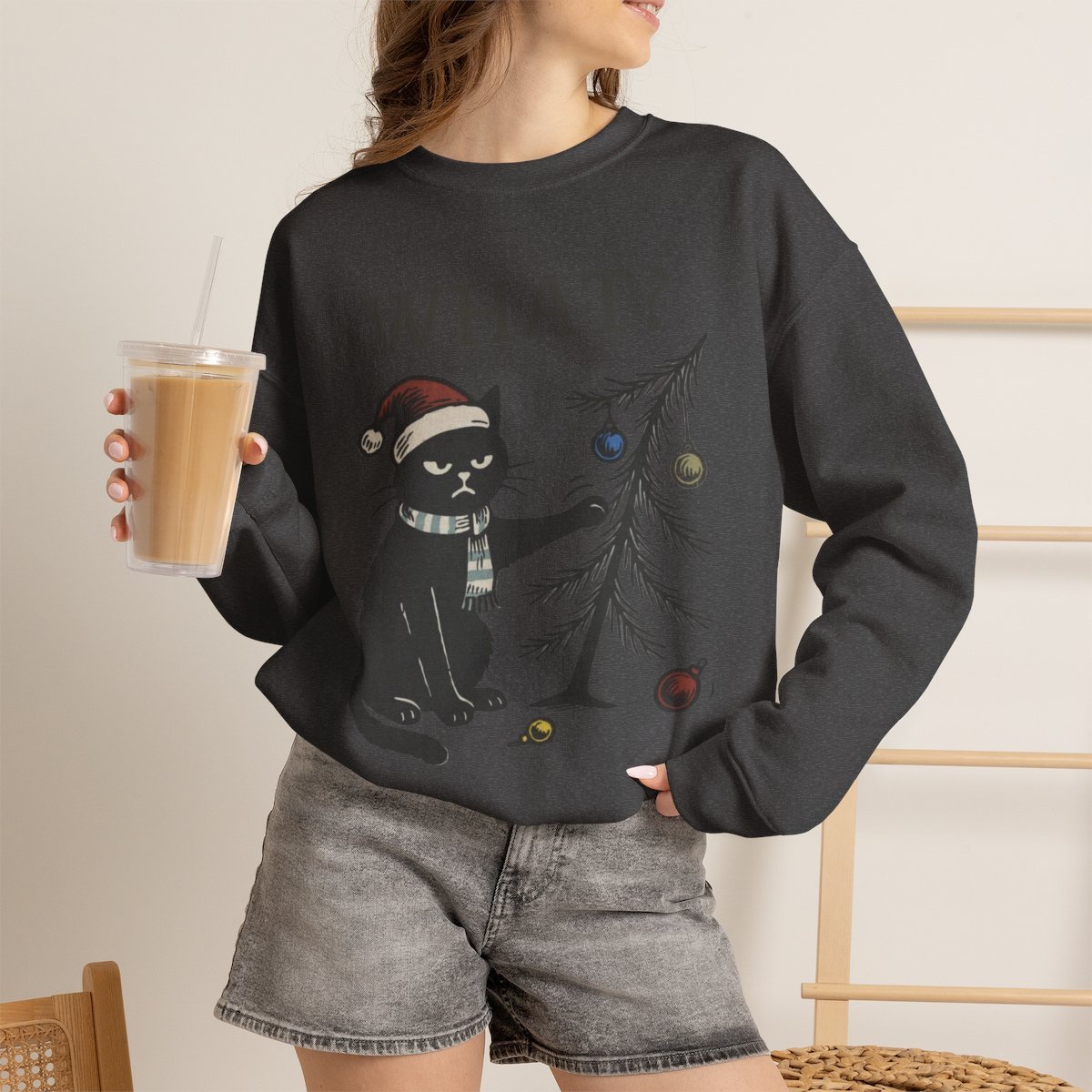 Unisex Funny Black Cat Christmas Sweatshirt | Cute Holiday Gift for Cat Lovers Dark Heather