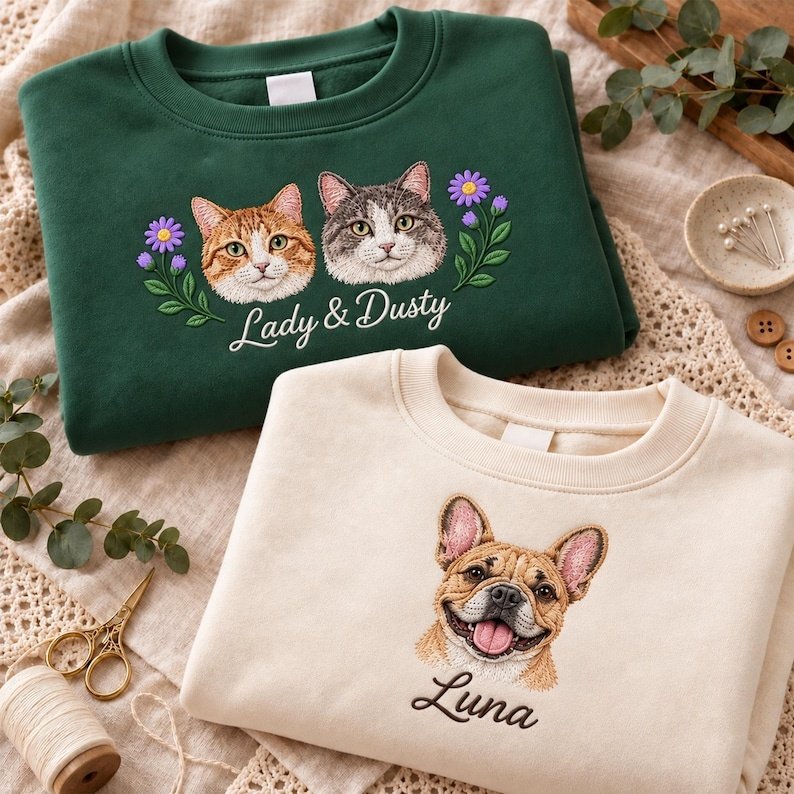 Unisex Personalized Pet Portrait Sweatshirt, Floral Dog Cat Embroidered Crewneck, Custom Pet Face Sweater, Personalized Pet Lover Gift Dark Heather