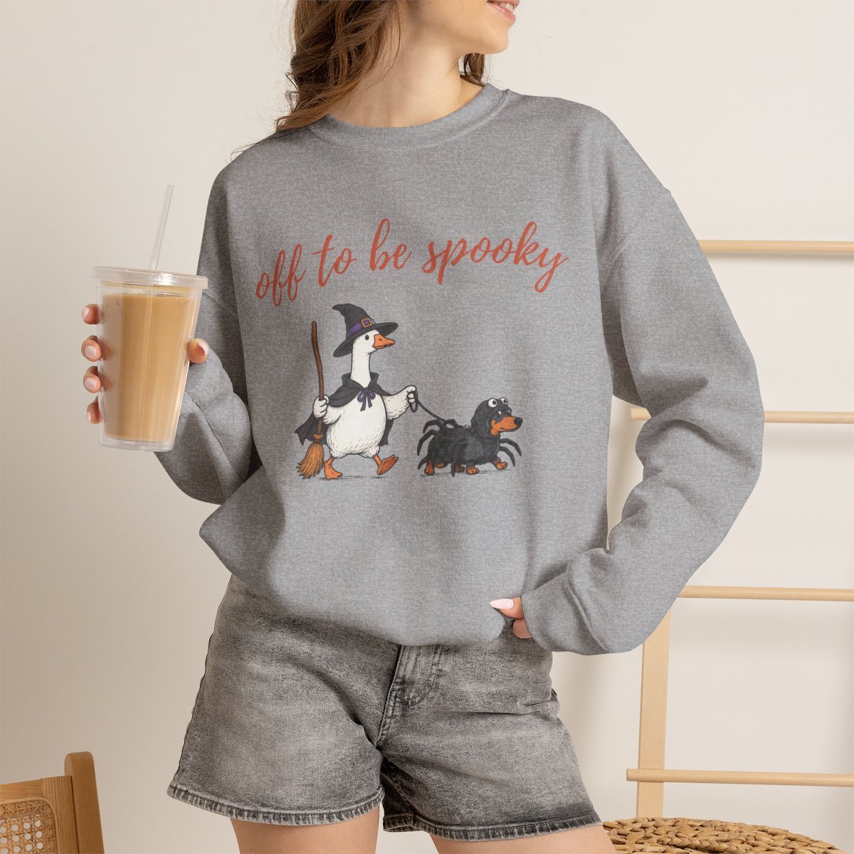 Cute Witch Goose & Spider Dachshund Halloween Unisex Crewneck Sweatshirt Sport Grey