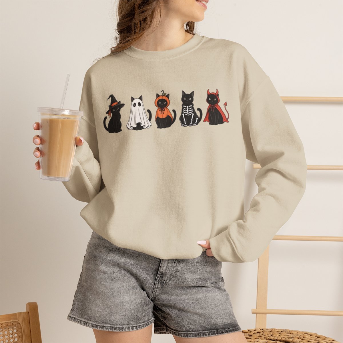 Unisex Cute Halloween Black Cat Costume Sweatshirt | Cozy Spooky Season Crewneck Sand