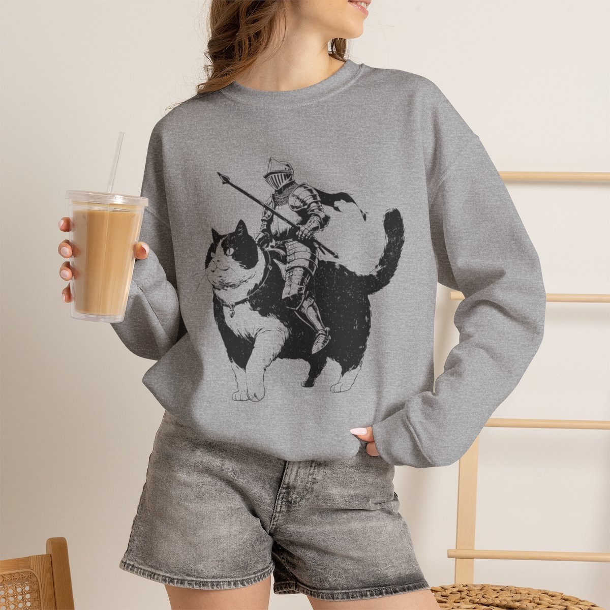 Unisex Medieval Knight Riding Tuxedo Cat Sweatshirt | Unique Cat Lover Gift Sport Grey