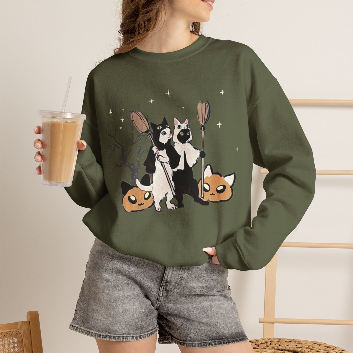 Unisex Cute Witch Cat Halloween Sweatshirt | Spooky Pet Lover Gift Military Green