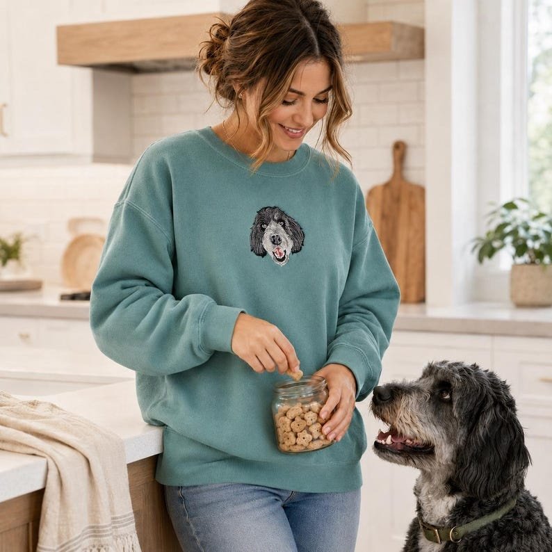 Unisex Comfort Colors Custom Embroidered Pet Sweatshirt - Dog or Cat Portrait From Photo Sweater - Dog Mama Sweatshirt - Mom Birthday Gift Military Green